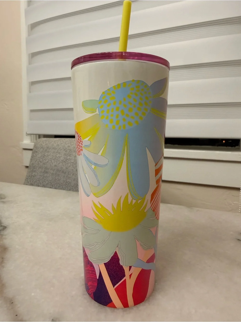 Starbucks Pink Floral Stainless Tumbler with Yellow Straw
